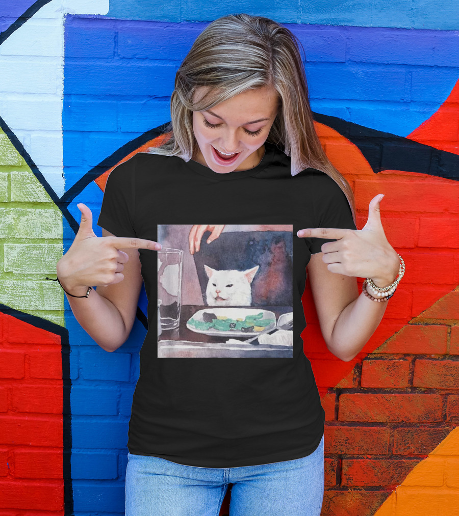 Woman Yelling At Cat Meme Watercolor Painting Table Dinner White Cat T-Shirt