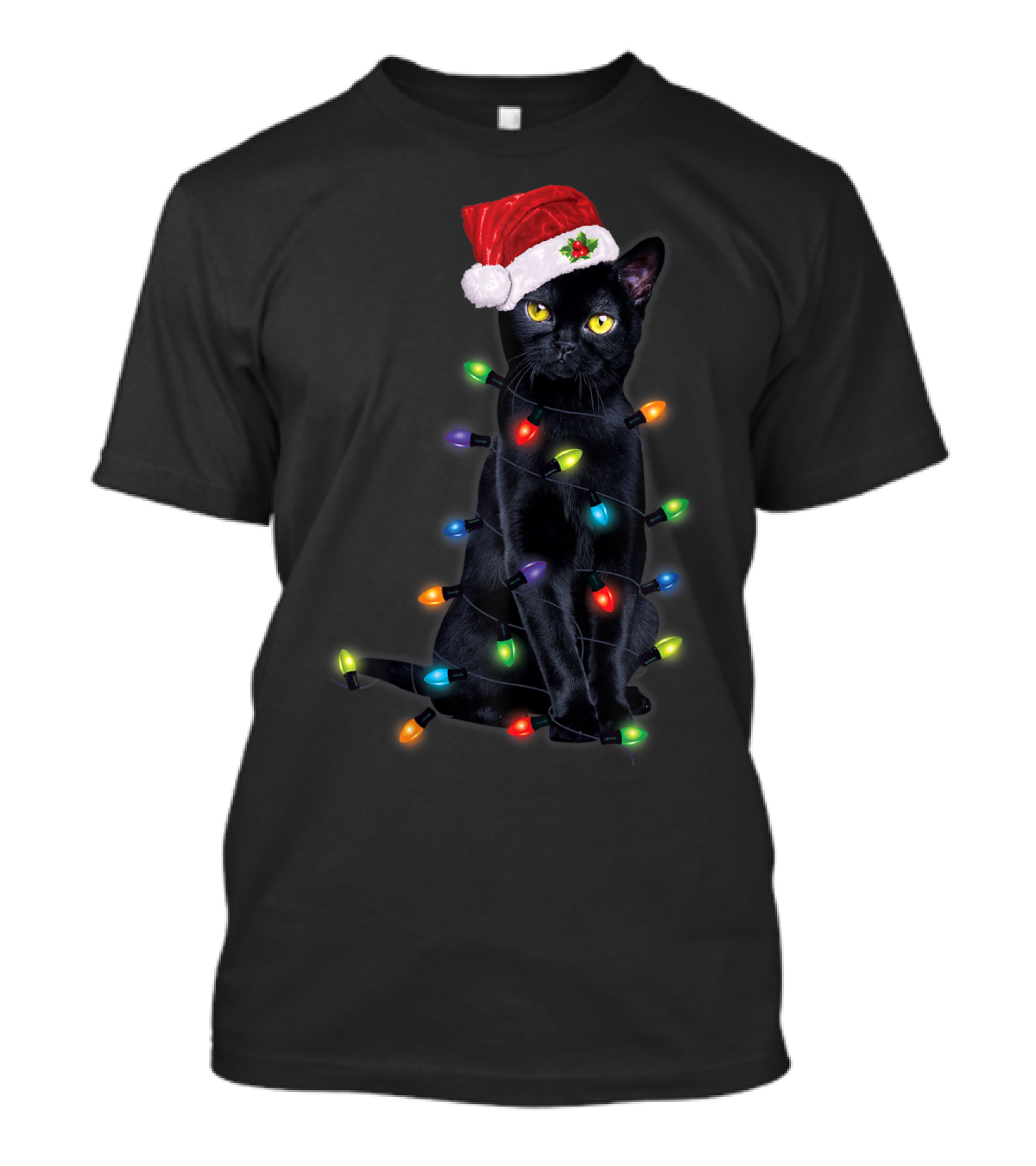 Black Santa Cat Wrapped In Christmas Lights Funny Cats T-Shirt