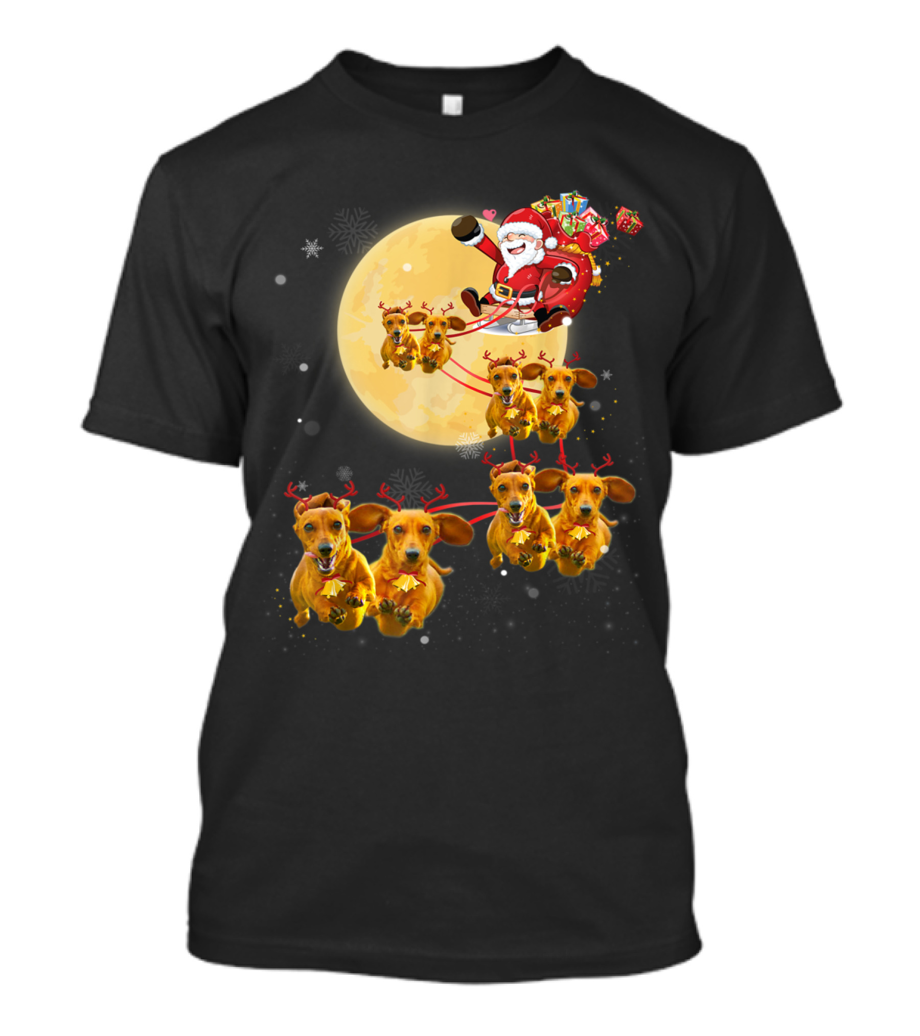 Santa's Reindeer Dachshund Sleigh Christmas Moon Magic T-Shirt