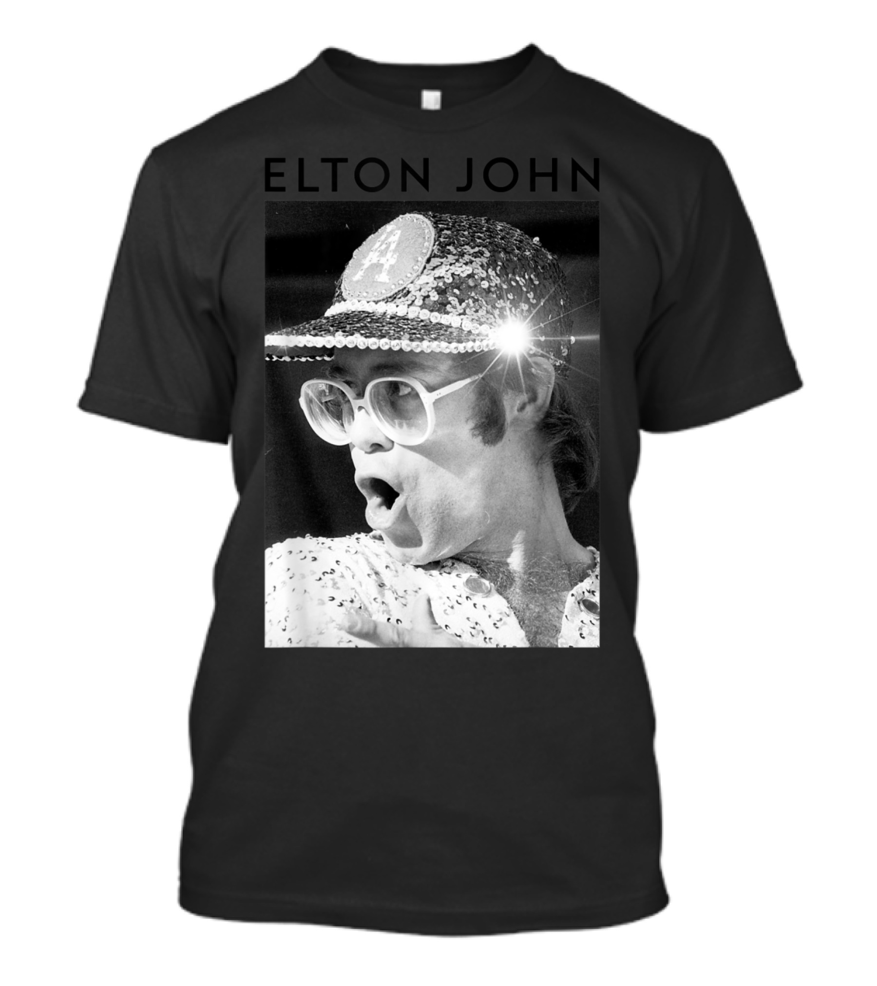 ELTON JOHN Black And White Photo Sequin Cap Iconic T-Shirt