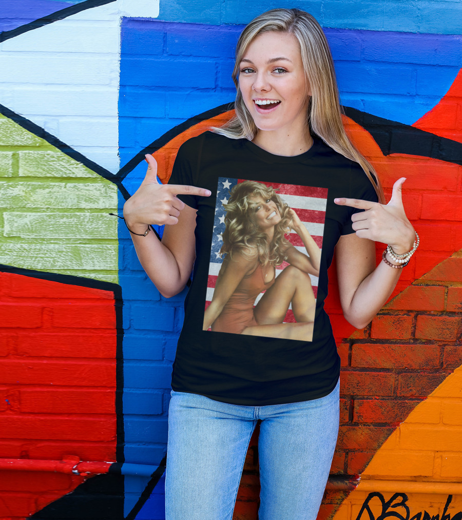 Farrah Fawcett Red Bathing Suit American Flag Background T-Shirt