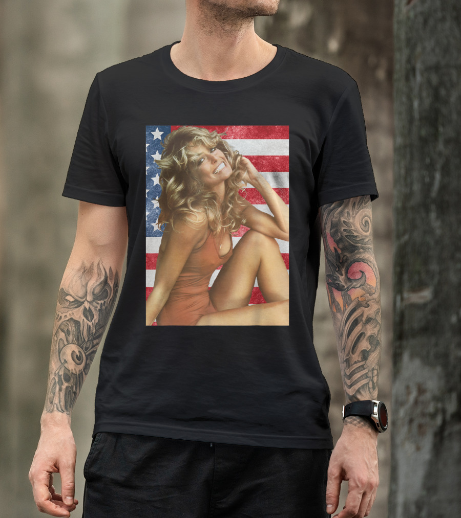 Farrah Fawcett Red Bathing Suit American Flag Background T-Shirt