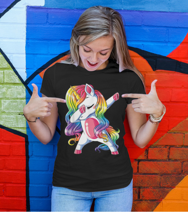 Dabbing Rainbow Unicorn Girls Kids Women T-Shirt