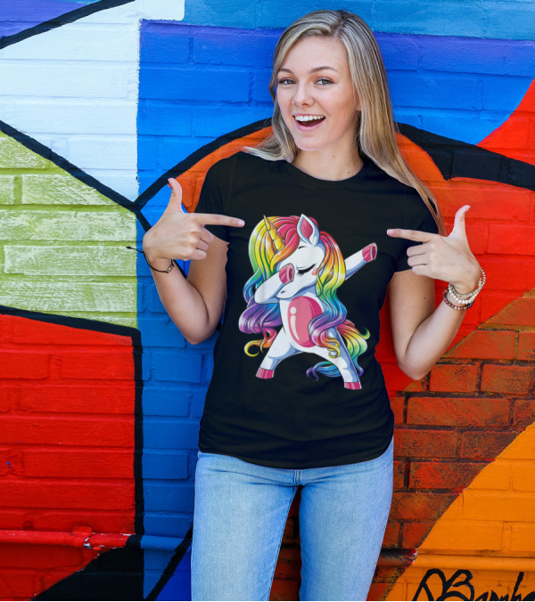 Dabbing Rainbow Unicorn Girls Kids Women T-Shirt