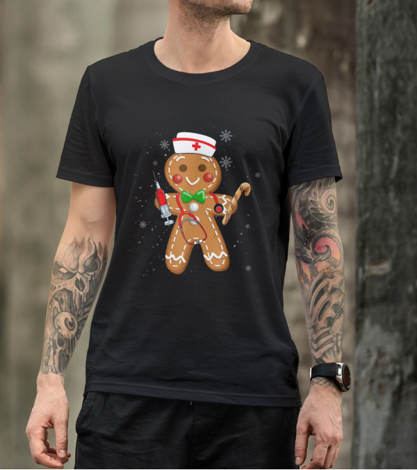 Gingerbread Christmas Nurse Funny Holiday Medical Stuff With Syringe And Candy Cane Snowflakes T-Shirt