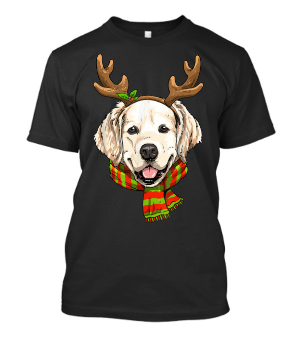 Golden Retriever With Reindeer Antlers And Christmas Scarf T-Shirt