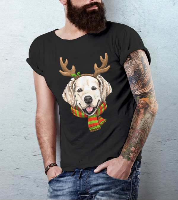 Golden Retriever With Reindeer Antlers And Christmas Scarf T-Shirt