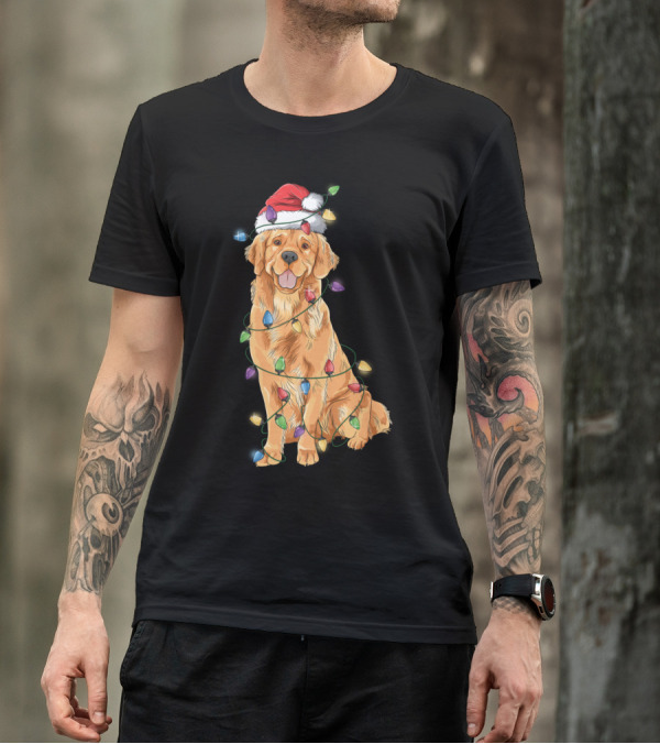 Golden Retriever Wrapped In Christmas Lights Santa Hat Reindeer T-Shirt