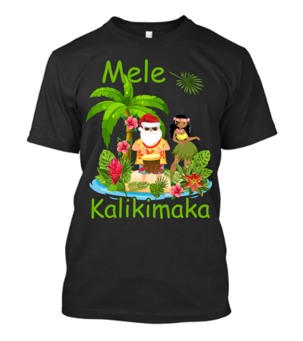 Mele Kalikimaka Christmas Santa Hula Hawaii Tropical Holiday Island Scene T-Shirt