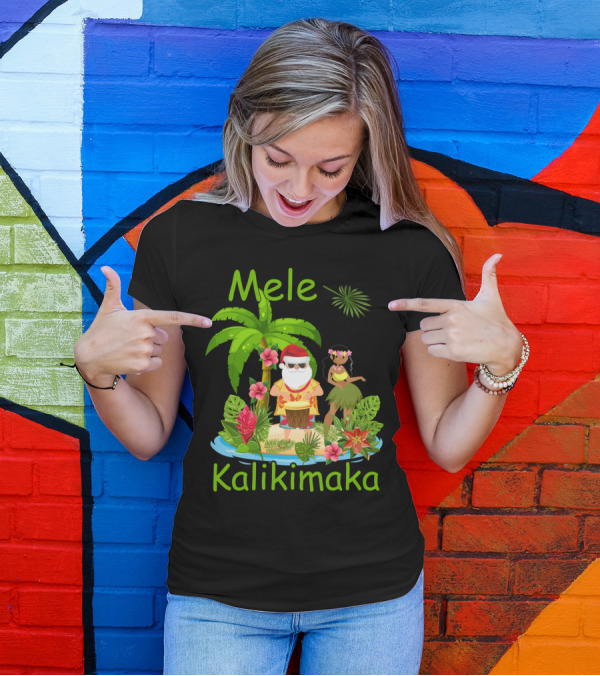 Mele Kalikimaka Christmas Santa Hula Hawaii Tropical Holiday Island Scene T-Shirt