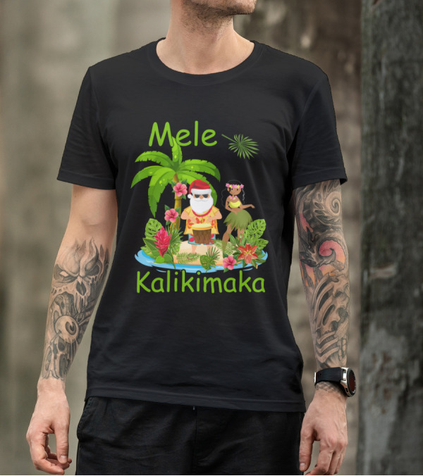Mele Kalikimaka Christmas Santa Hula Hawaii Tropical Holiday Island Scene T-Shirt