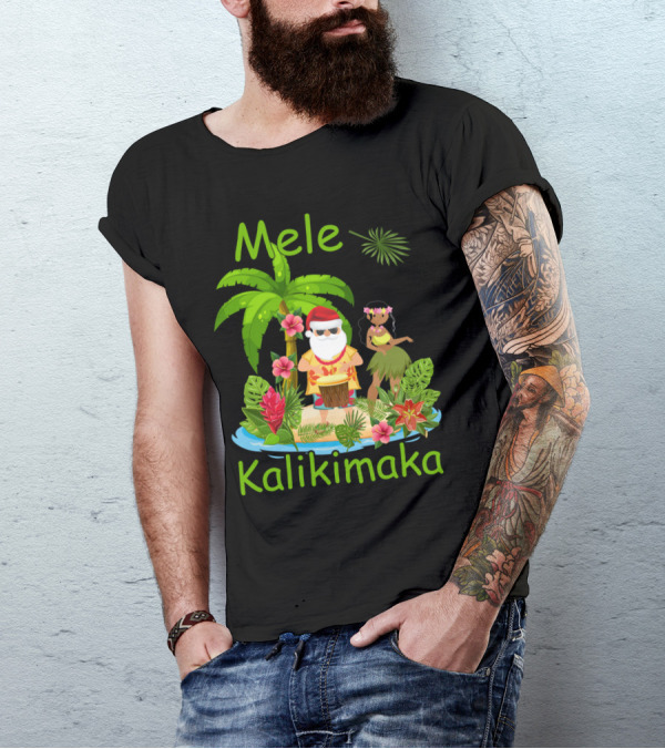 Mele Kalikimaka Christmas Santa Hula Hawaii Tropical Holiday Island Scene T-Shirt