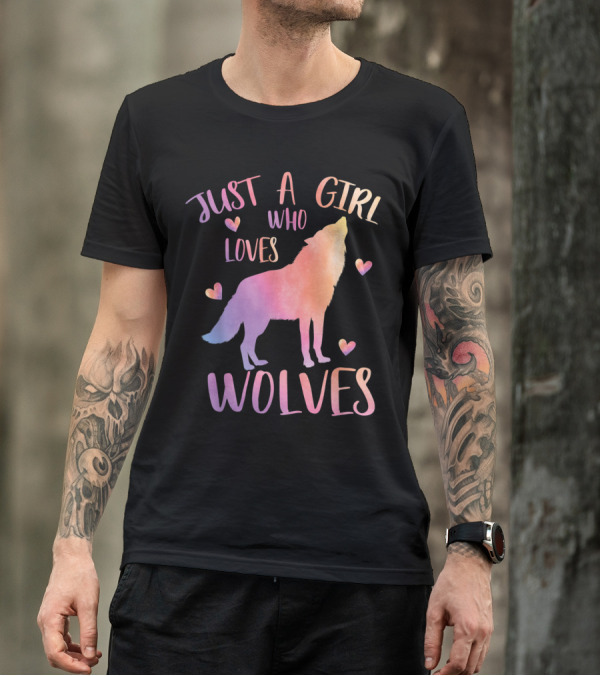 Just A Girl Who Loves Wolves Watercolor Wolf Hearts T-Shirt