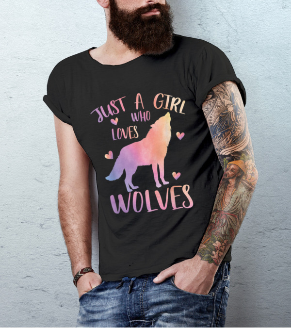 Just A Girl Who Loves Wolves Watercolor Wolf Hearts T-Shirt