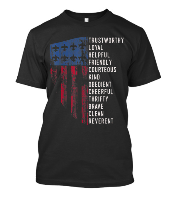Trustworthy Loyal Helpful Friendly Courteous Kind Obedient Cheerful Thrifty Brave Clean Reverent Vintage Scout Law US America Flag Scouting T-Shirt