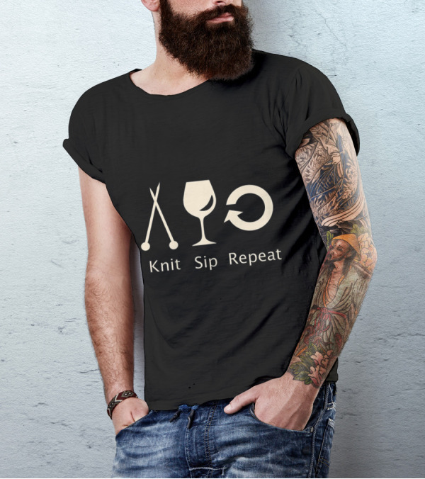 Love To Knit Sip Wine And Repeat Funny Knitting Icons T-Shirt