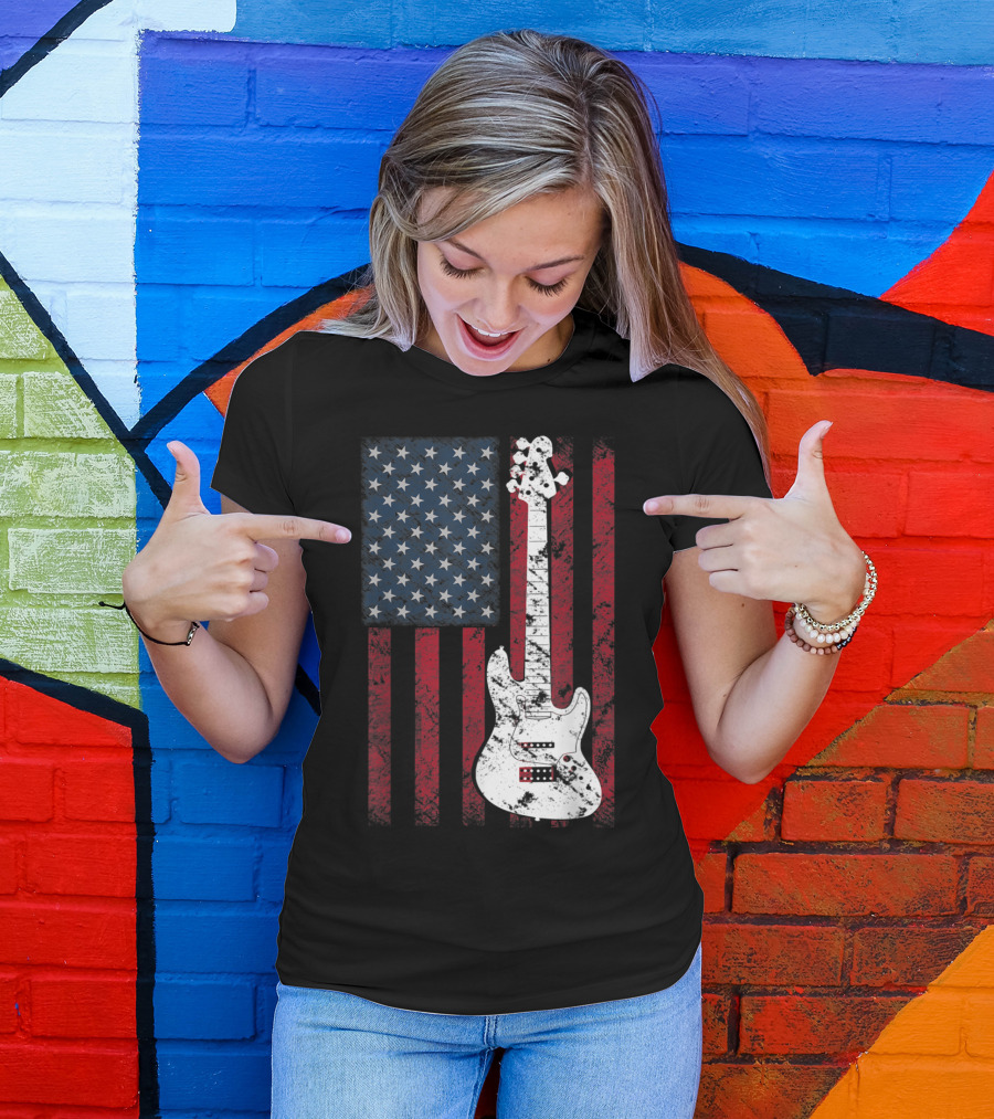 American Guitar With US Flag Design For Music Player Fans T-Shirt
