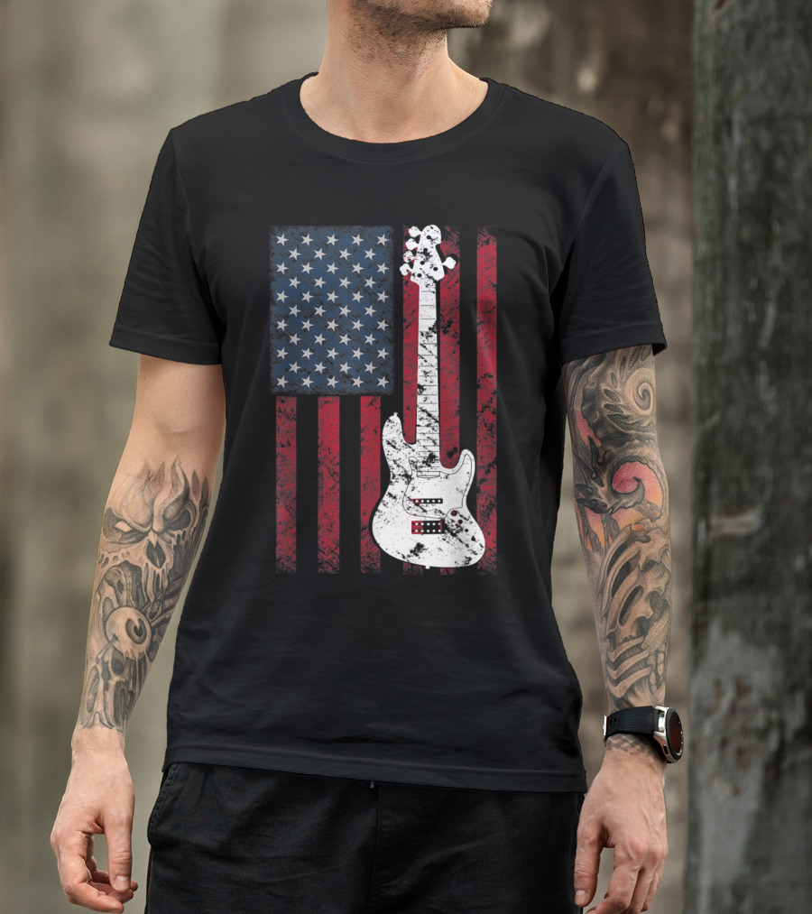 American Guitar With US Flag Design For Music Player Fans T-Shirt