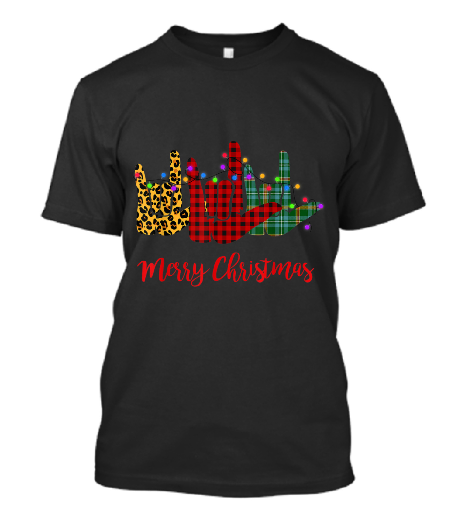Merry Christmas ASL Sign Language Leopard And Plaid With Christmas Lights T-Shirt
