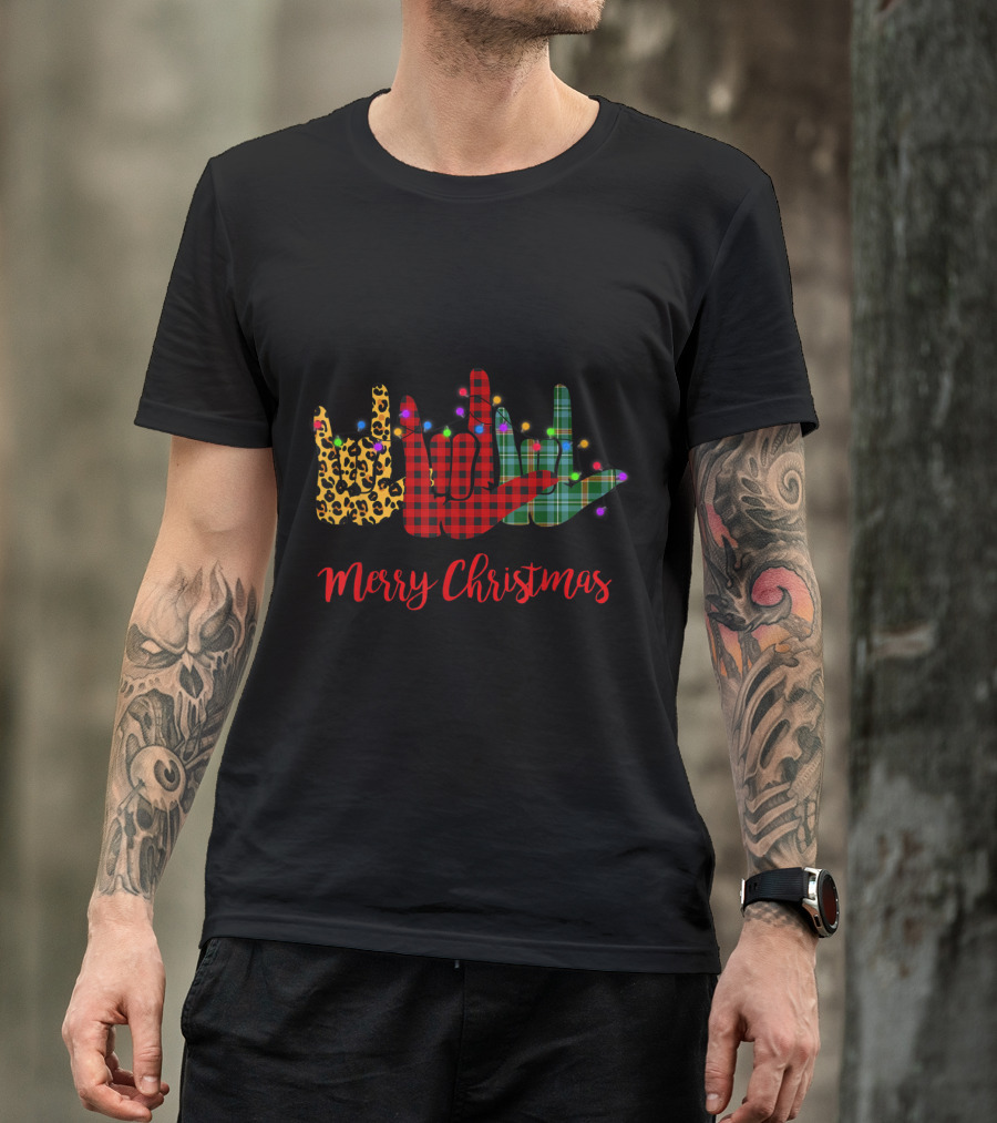 Merry Christmas ASL Sign Language Leopard And Plaid With Christmas Lights T-Shirt