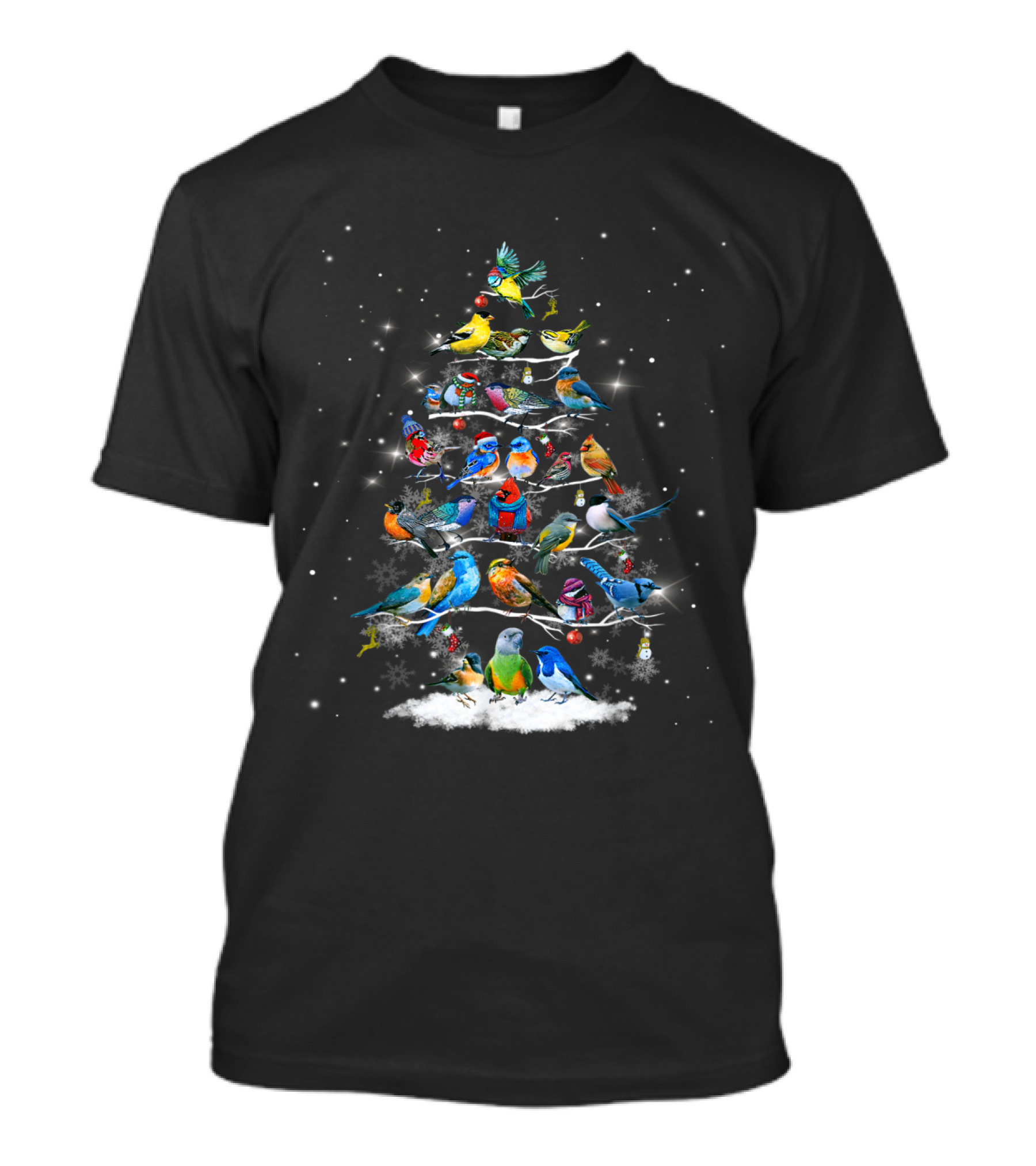 Birds Decorated Christmas Tree With Snowflakes And Festive Lights T-Shirt