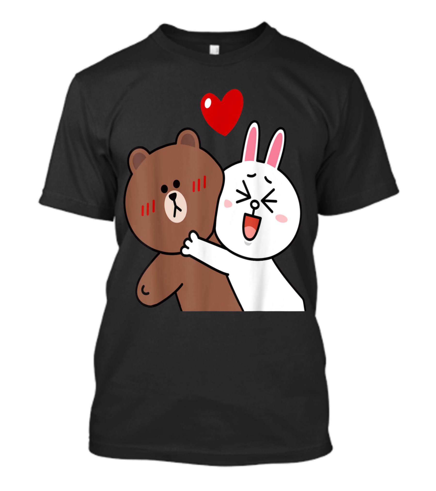 Cute Brown Bear And Cony Bunny Rabbit Valentine's Lovers Hugging Under Red Heart T-Shirt