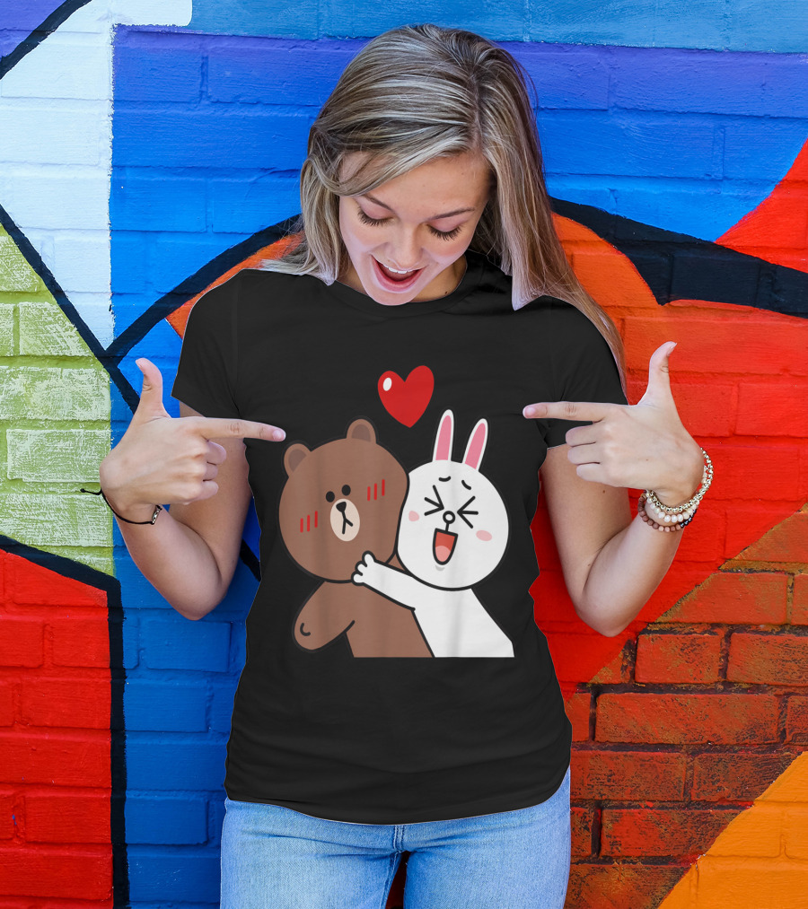Cute Brown Bear And Cony Bunny Rabbit Valentine's Lovers Hugging Under Red Heart T-Shirt