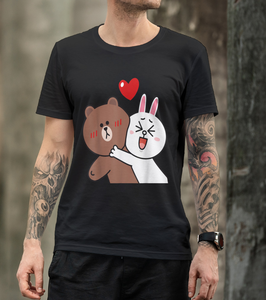 Cute Brown Bear And Cony Bunny Rabbit Valentine's Lovers Hugging Under Red Heart T-Shirt