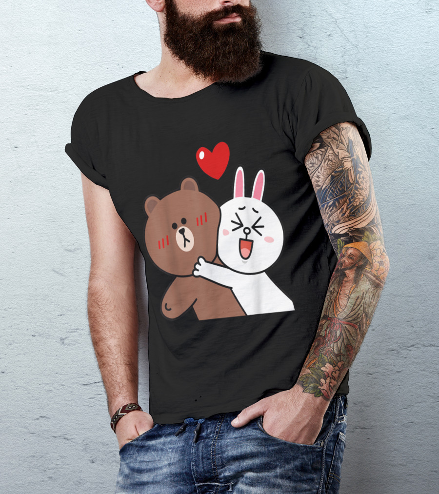 Cute Brown Bear And Cony Bunny Rabbit Valentine's Lovers Hugging Under Red Heart T-Shirt