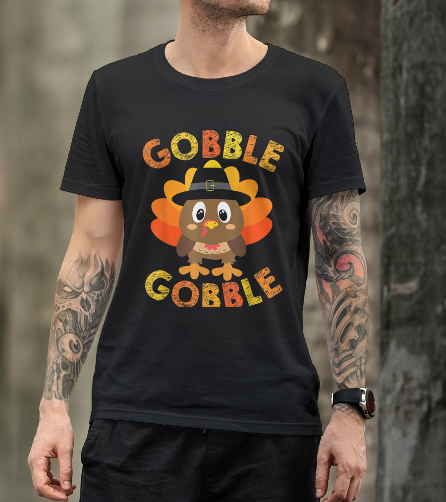 Gobble Gobble Cute Turkey Pilgrim Little Boys T-Shirt