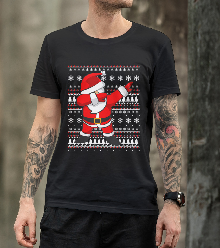 Dabbing Santa Claus Ugly Christmas Sweater Snowflakes Pine Trees T-Shirt