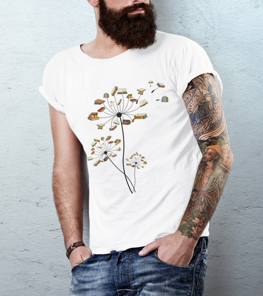 Cute Dandelion Books Flower Fly Reading Fan Club Blooming Pages T-Shirt