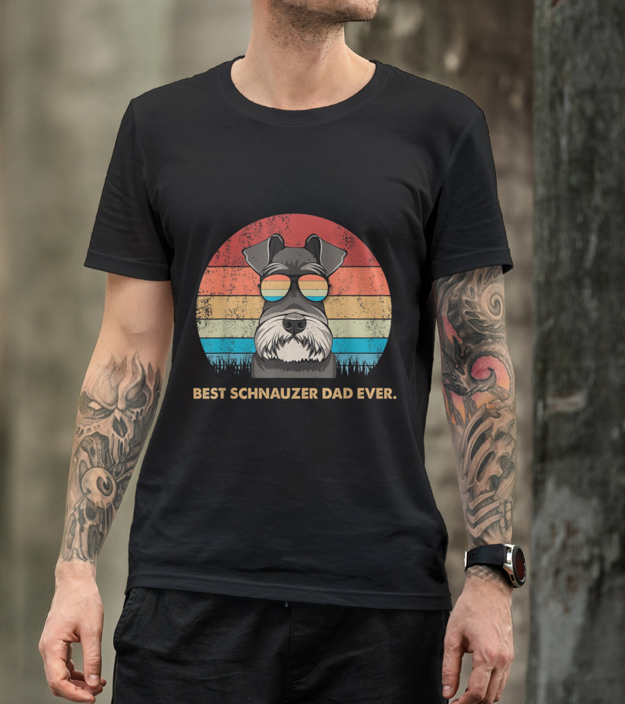 Best Schnauzer Dad Ever Vintage Dog Sunglasses Retro Stripes T-Shirt