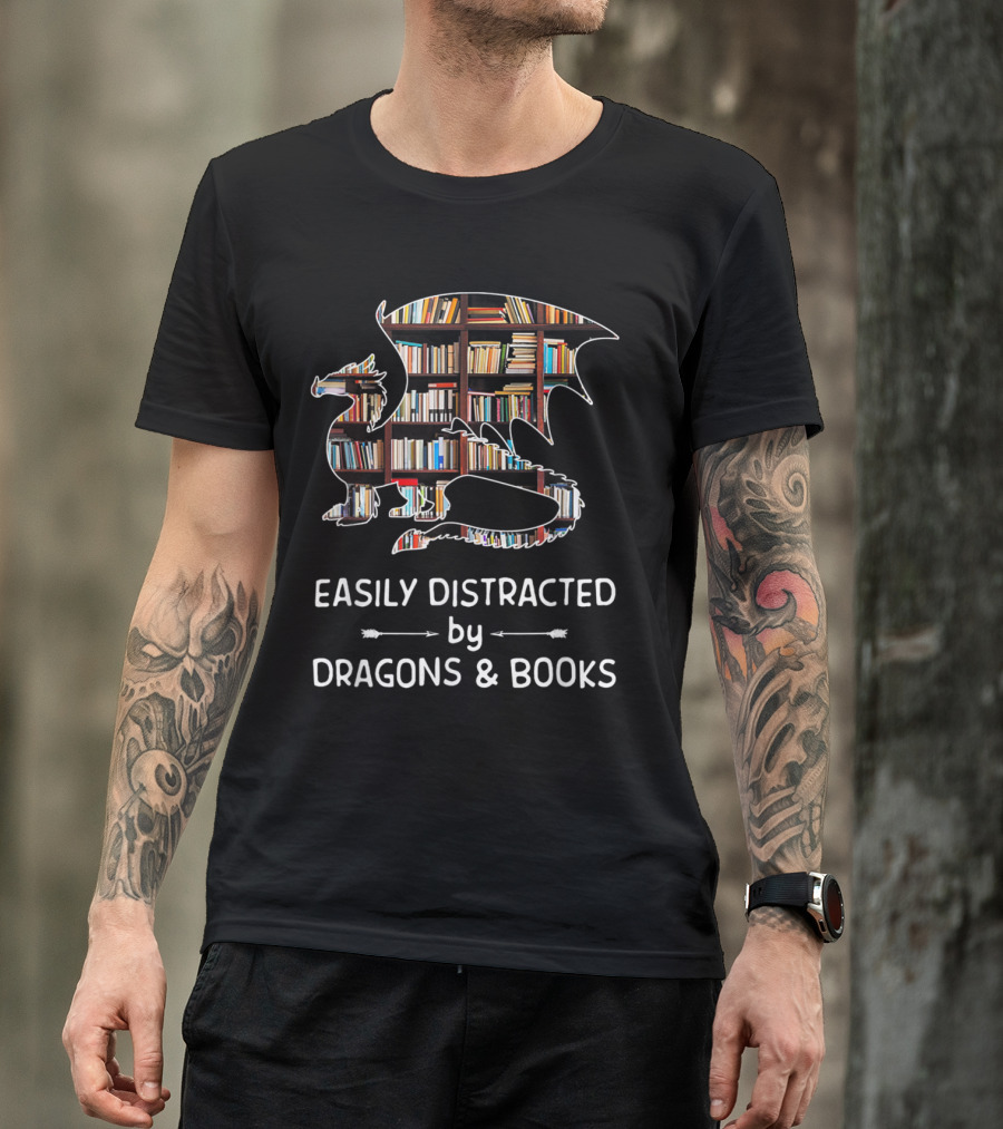 Easily Distracted By Dragons And Books Library T-Shirt
