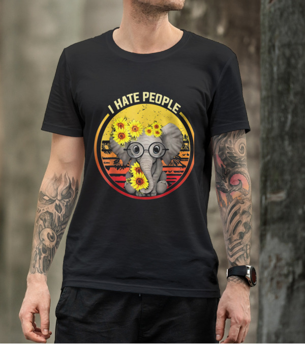 I Hate People Elephant Sunflower Retro Circle Glasses T-Shirt