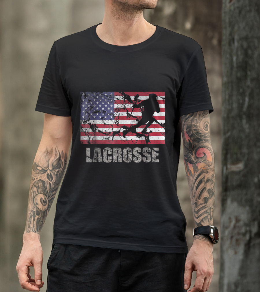 Lacrosse Silhouette Over American Flag USA Fan T-Shirt