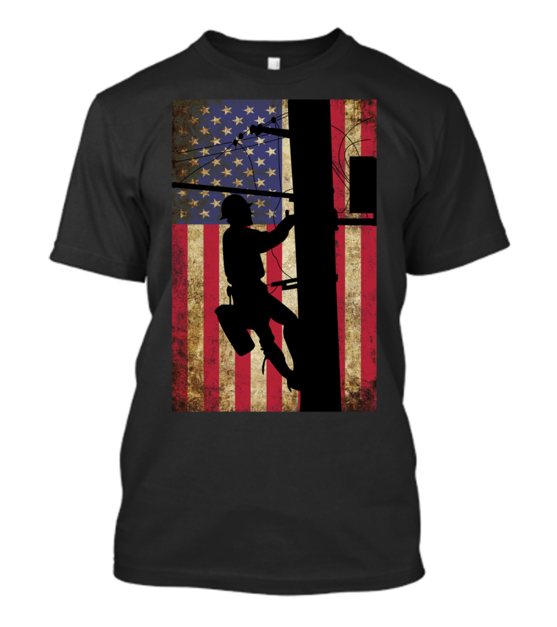 Lineman Climbing Electric Pole Against American Flag Background T-Shirt