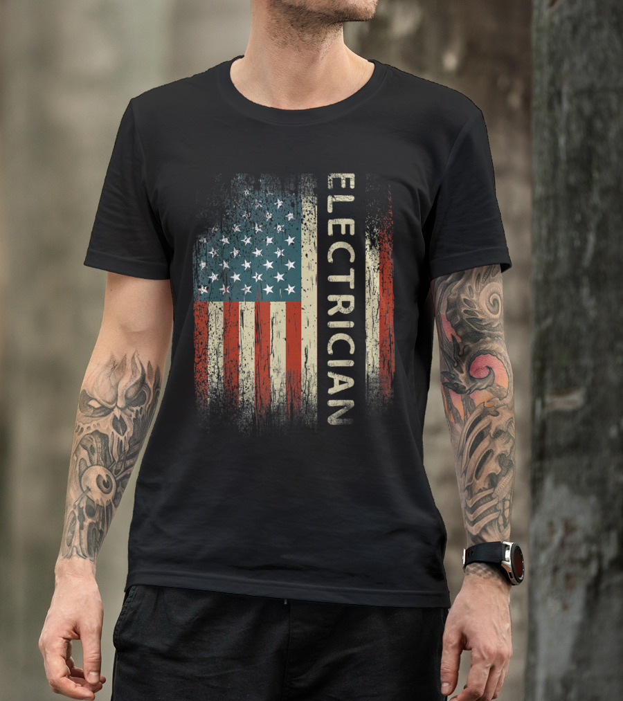 Mens American Flag Electrician USA Patriotic Lineman T-Shirt