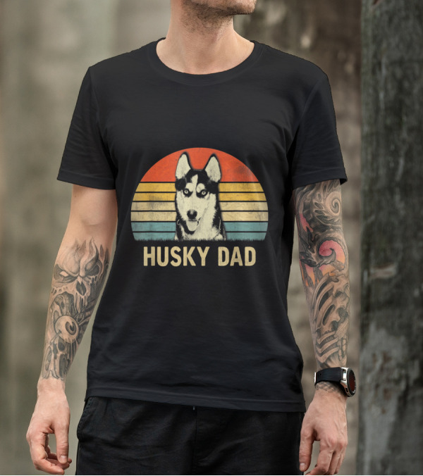 Mens Vintage Husky Dad Father's Day Retro Sunset T-Shirt