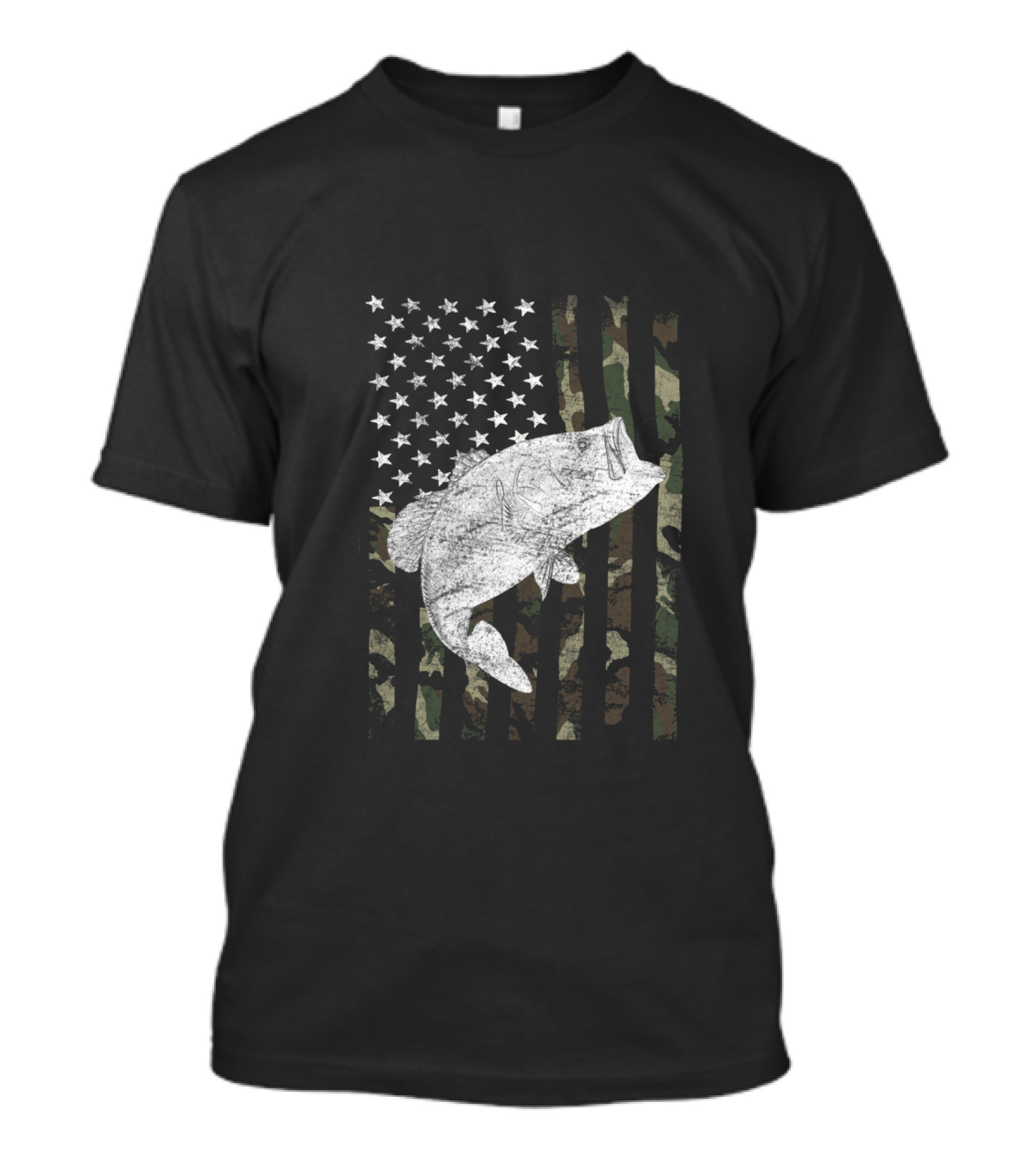 Camouflage Flag With Big Mouth Bass Fishing Design On Back T-Shirt