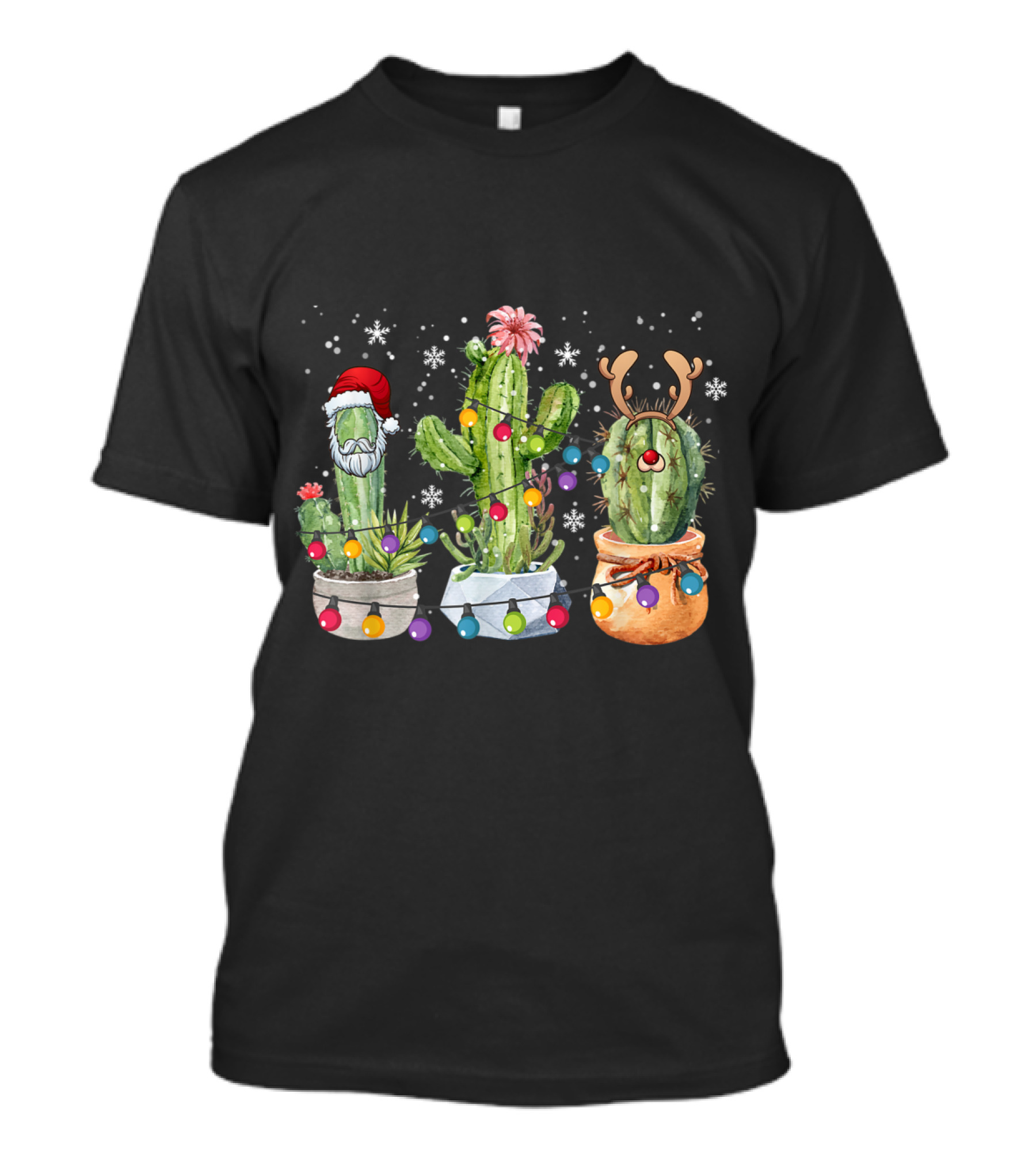 Cactus Christmas Light Santa Hat Cute Cactus Reindeer Plant Lover Holiday T-Shirt