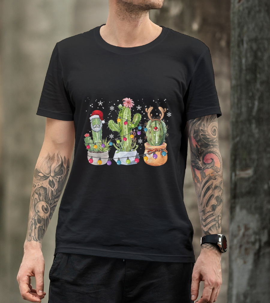 Cactus Christmas Light Santa Hat Cute Cactus Reindeer Plant Lover Holiday T-Shirt
