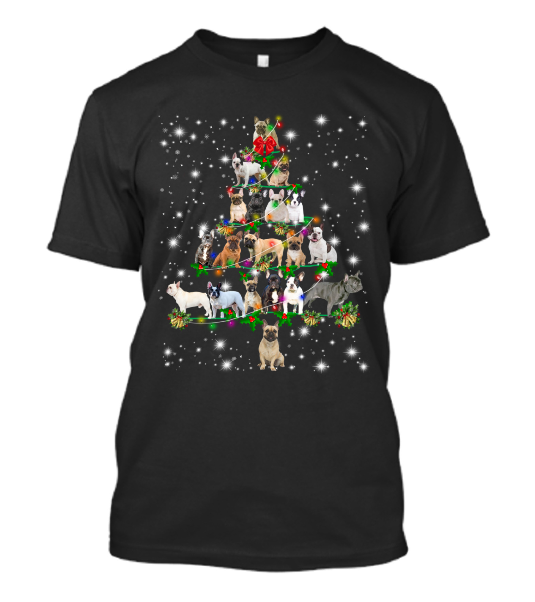 Christmas Tree Made Of Funny French Bulldogs With Festive Decorations T-Shirt