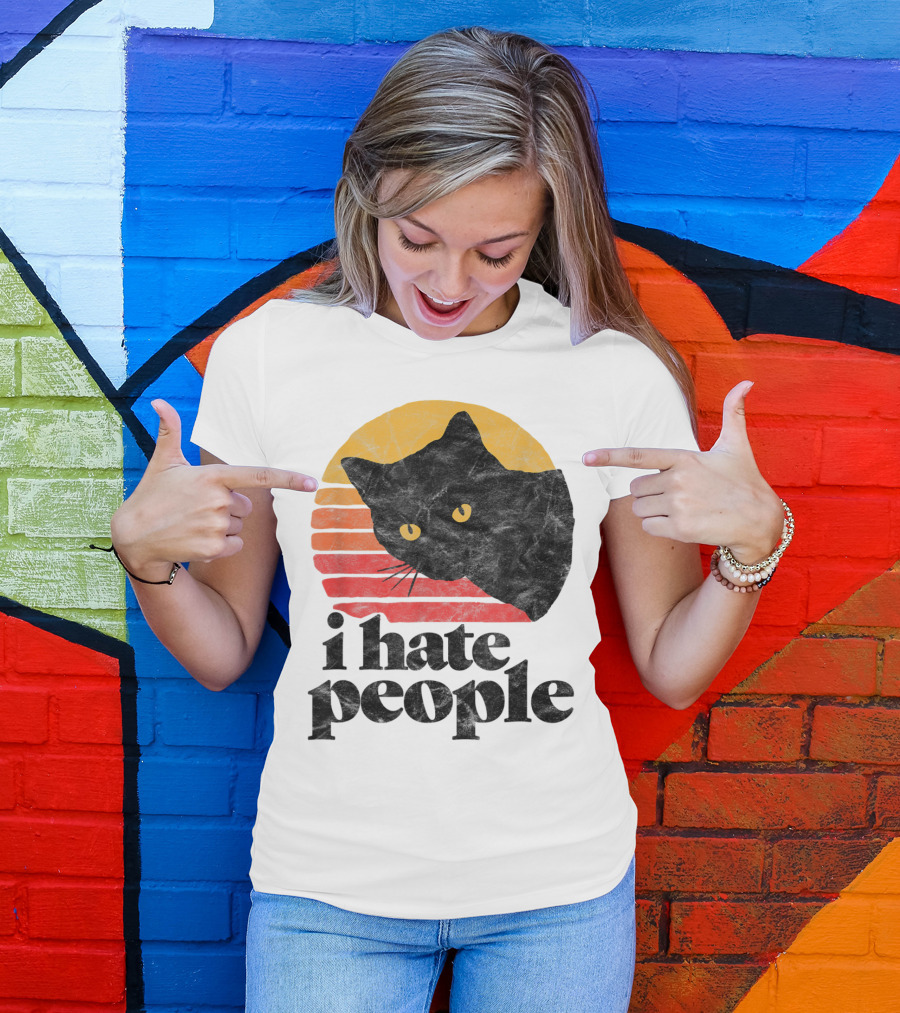 I Hate People Funny Vintage Style Cat Retro Sunset T-Shirt