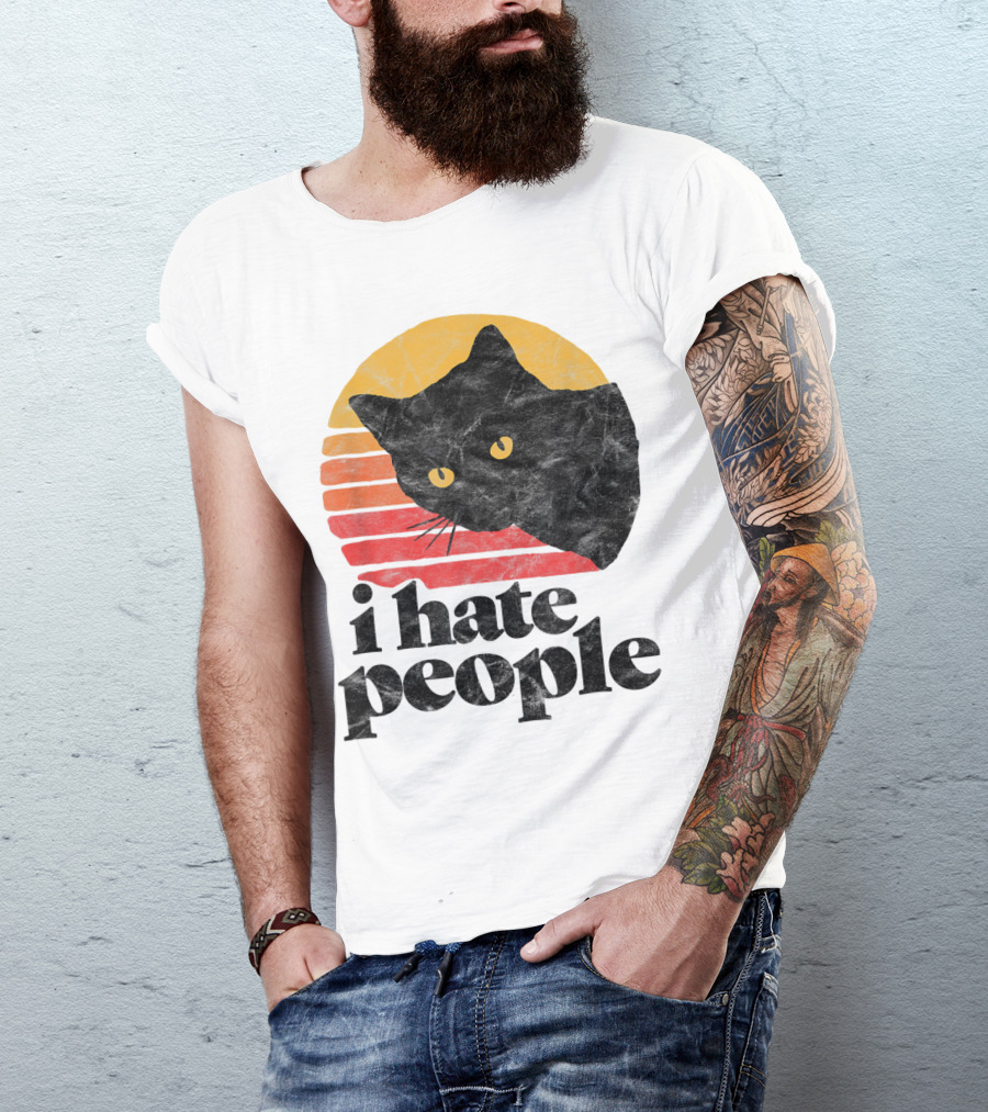 I Hate People Funny Vintage Style Cat Retro Sunset T-Shirt