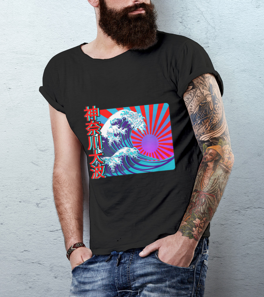 Kanagawa Hiroshige Big Wave 90s Hot Colors Kanji Rising Sun T-Shirt