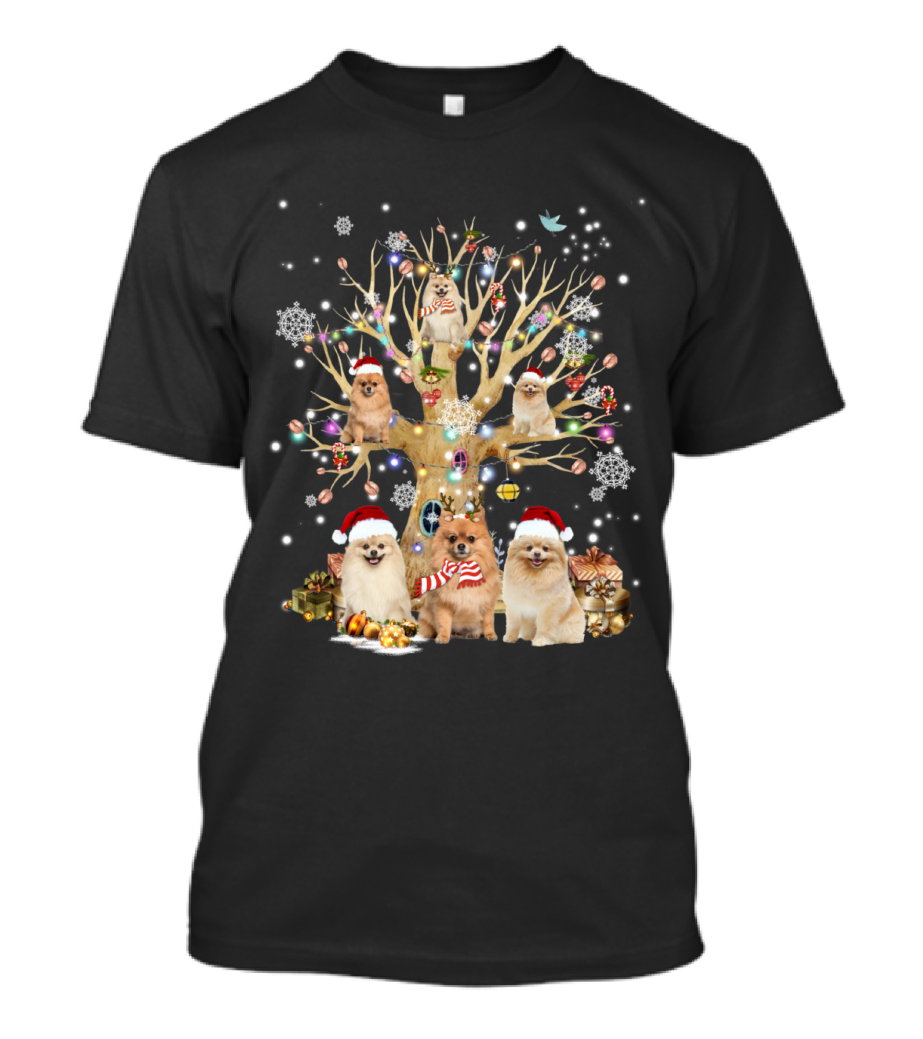 Pomeranian Christmas Tree Ornament With Santa Hats And Snowflakes T-Shirt