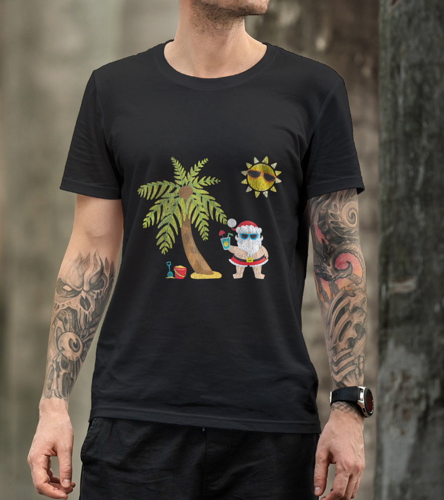 Santa Beach Tropical Christmas In July With Palm Trees And Sun T-Shirt
