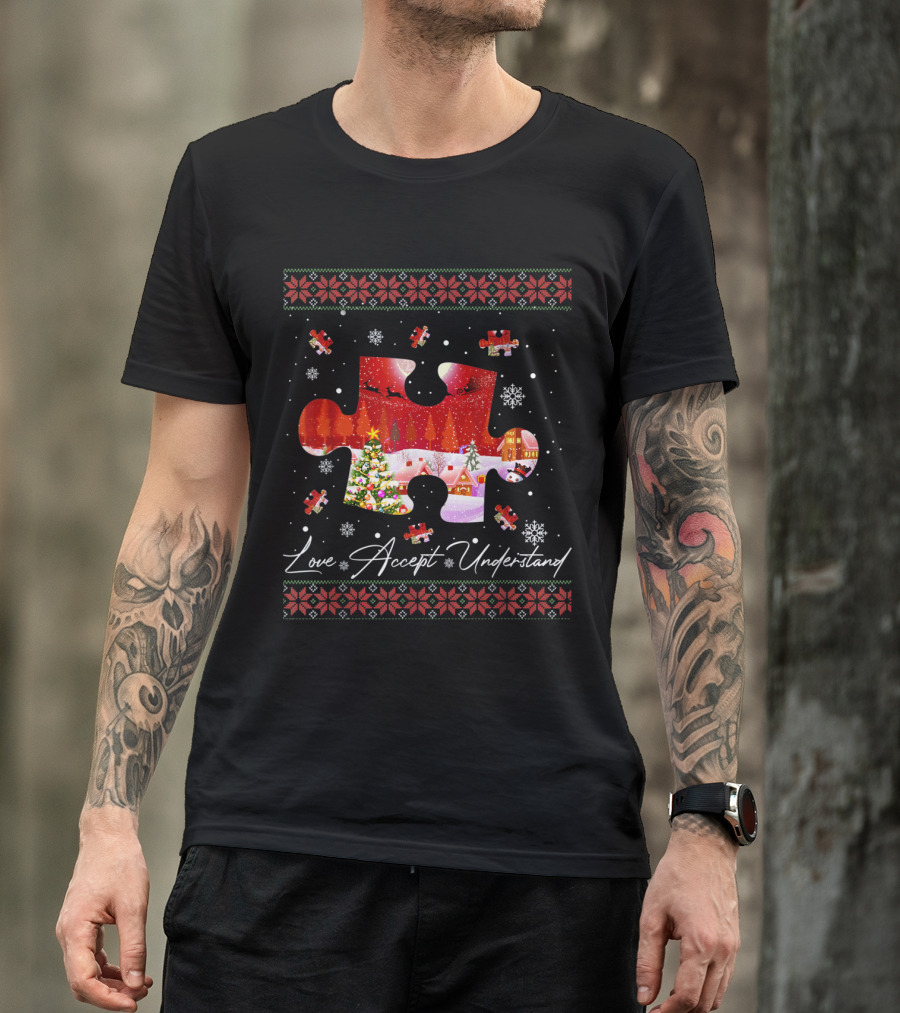 Love Accept Understand Autism Awareness Christmas Puzzle Snowflakes T-Shirt