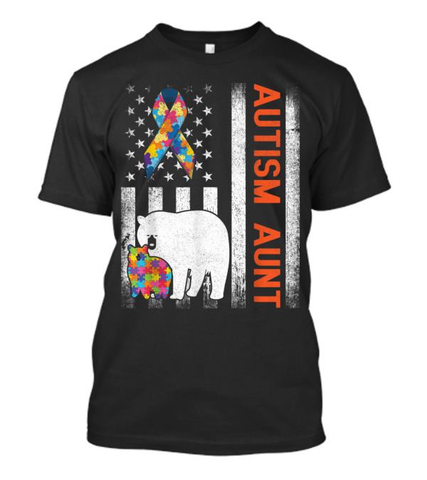 Autism Aunt Bears With Puzzle Ribbon On US Flag T-Shirt